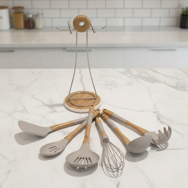 Silicone Utensils Set 6 Pieces + Stainless Steel * Wood Holder.