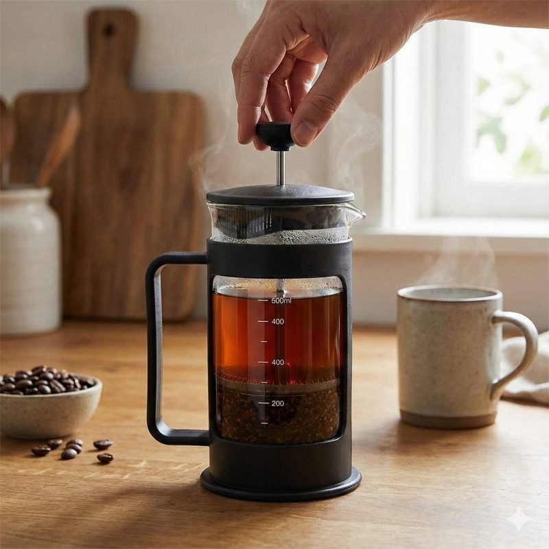 French Press Coffee Maker - 600ml Heat-Resistant Pyrex Glass with Measuring Markers.