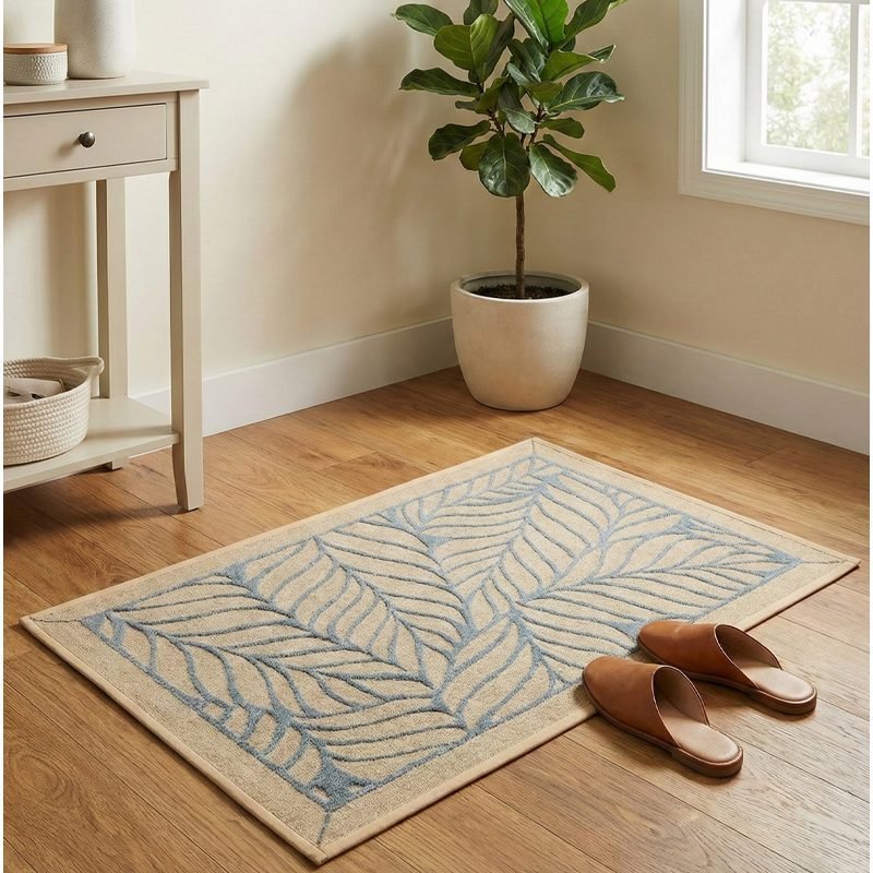 Woven rug with a stable rubber base.