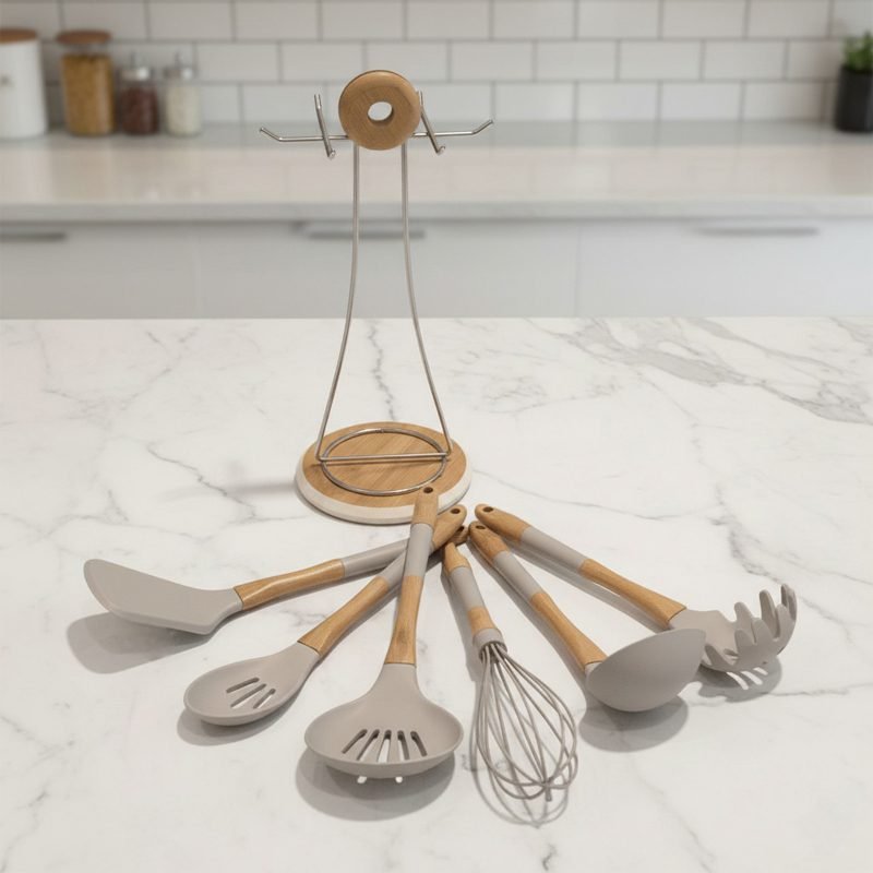Silicone Utensils Set 6 Pieces + Stainless Steel * Wood Holder.