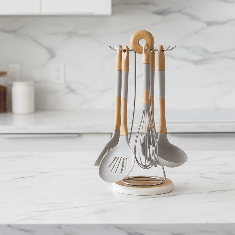 Silicone Utensils Set 6 Pieces + Stainless Steel * Wood Holder.