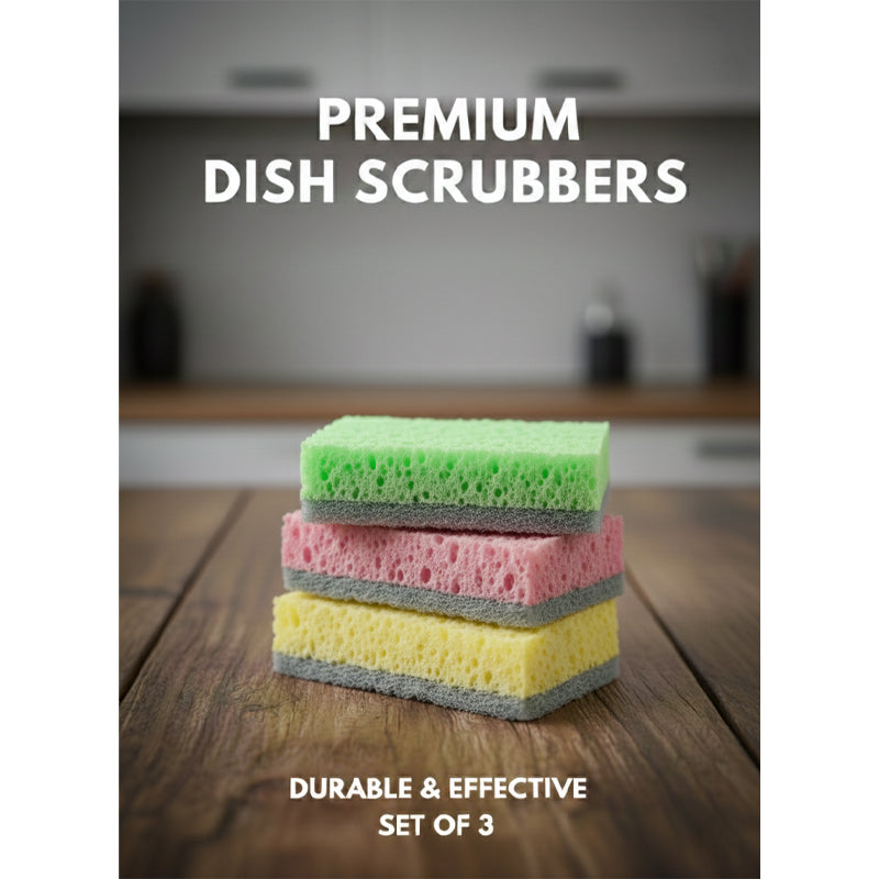 Premium Wood Pulp Dishwashing Scrub Set - Natural Wood Pulp (3-Piece Assorted Colors)