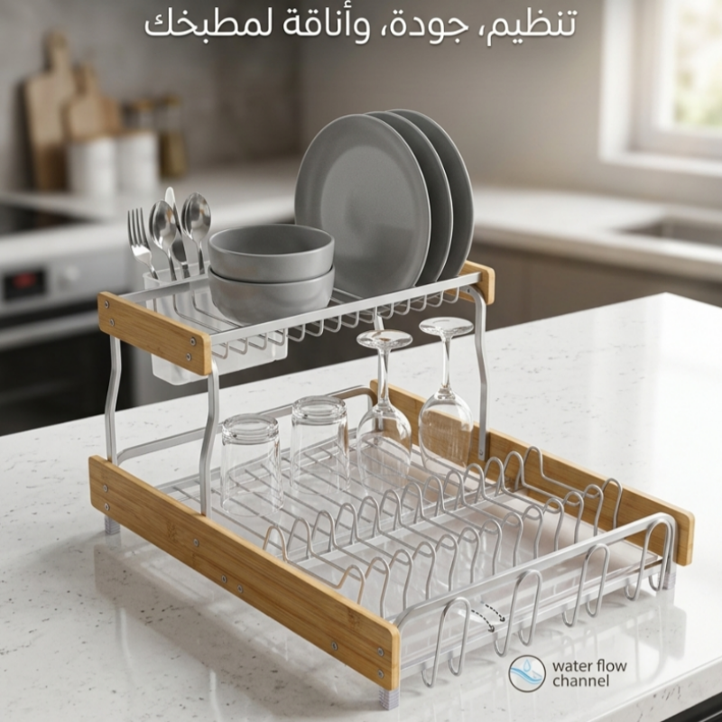 Modern Two-Tier Dish Rack - Rust-Resistant Aluminum with Luxurious Wood Accents.