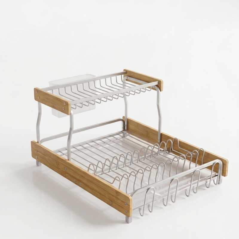 Modern Two-Tier Dish Rack - Rust-Resistant Aluminum with Luxurious Wood Accents.