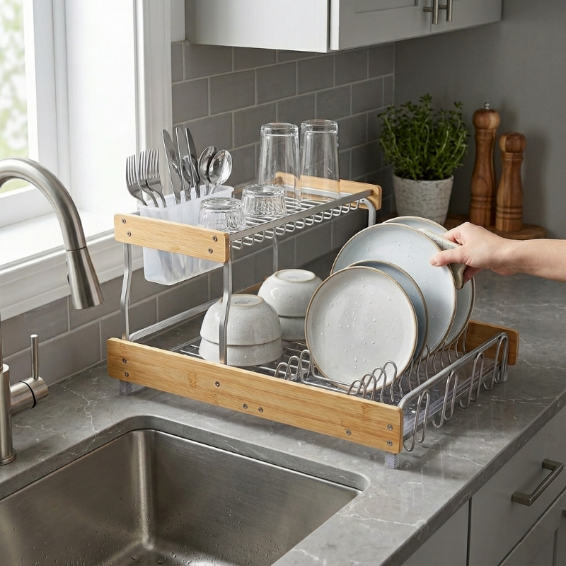 Modern Two-Tier Dish Rack - Rust-Resistant Aluminum with Luxurious Wood Accents.