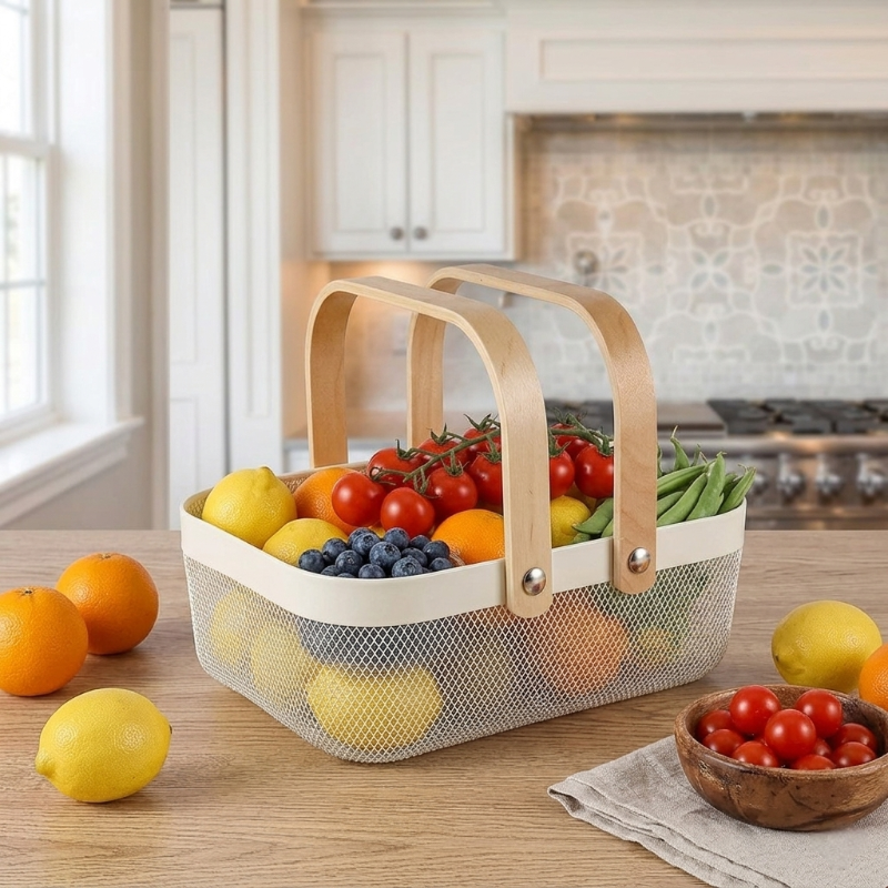 Modern Metal Storage Basket with White Frame and Wooden Handles – Perfectly Designed with Practical Dimensions (32 x 24 x 11 cm)