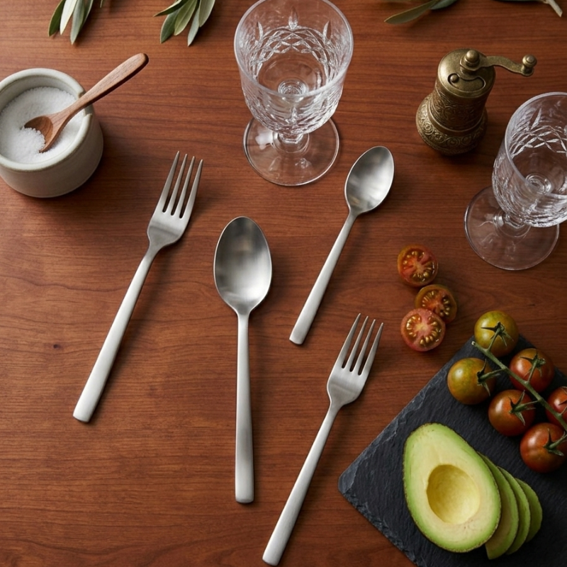 Elegant Stainless Steel Matte Silver Cutlery Set: A Modern Touch and Timeless Elegance.