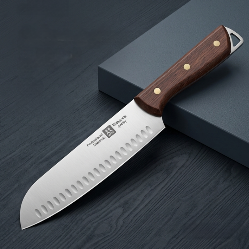 Kitchen knife with wooden handle and non-stick blade grooves