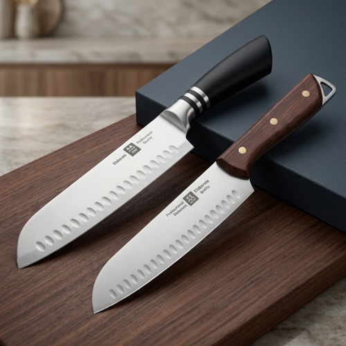 Two 8-inch chef knives with wood and black metal handles displayed on a wooden surface