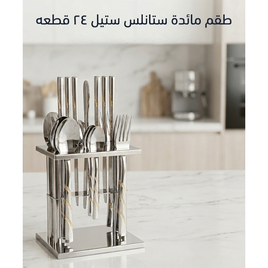 Luxury Stainless Steel Cutlery Set - 24 Pieces with a Gold Spiral Design and Modern Organizer.