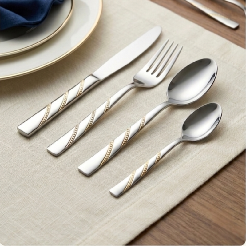 Luxury Stainless Steel Cutlery Set - 24 Pieces with a Gold Spiral Design and Modern Organizer.