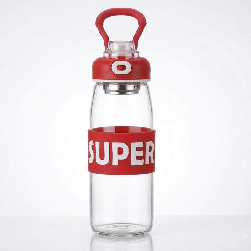 قارورة زجاجية أنيقة "Super" سعة 1 لتر – مزودة بمصفاة أعشاب وحامل مريح للسيليكون.