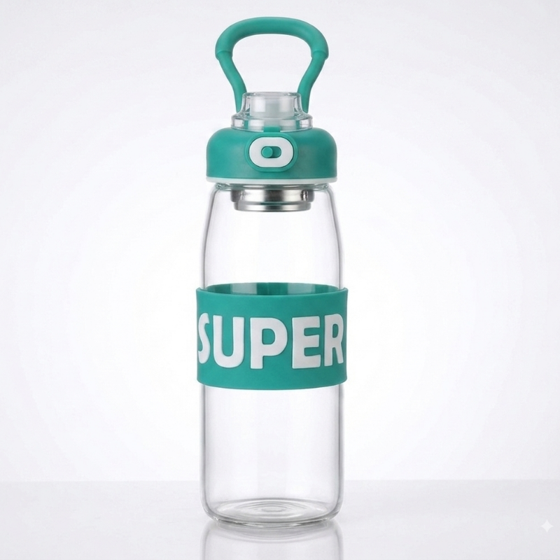 Stylish "Super" 1-Liter Glass Bottle – Includes a Herb Infuser and Convenient Silicone Strap.