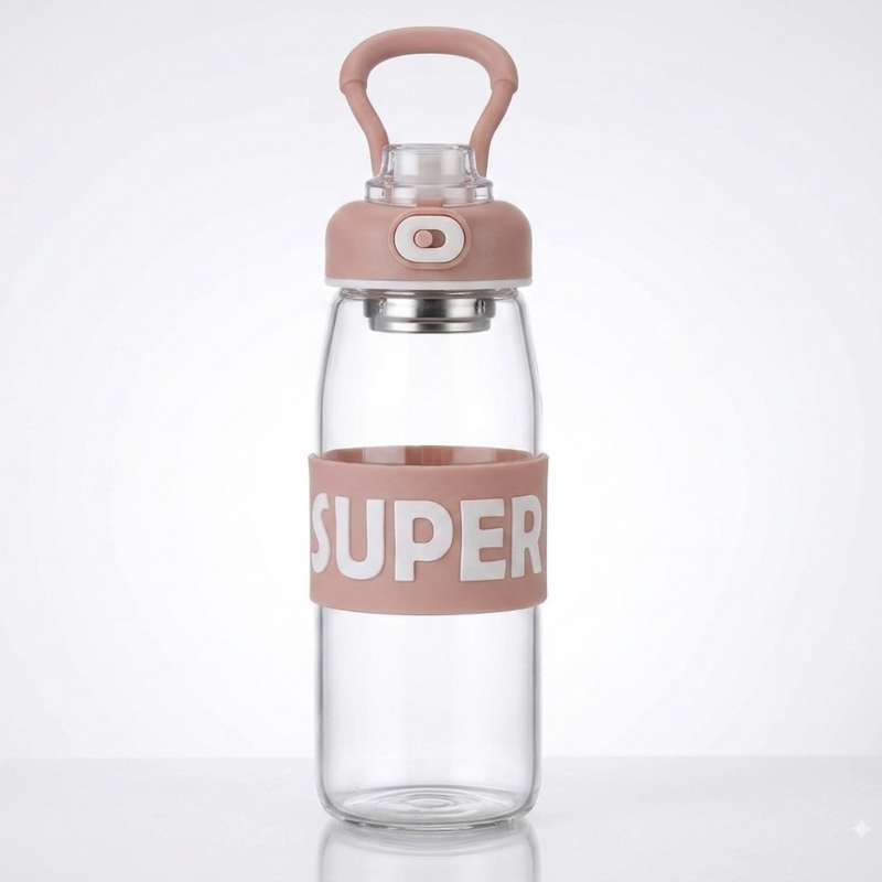Stylish "Super" 1-Liter Glass Bottle – Includes a Herb Infuser and Convenient Silicone Strap.