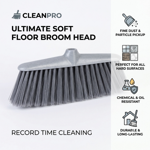 Ultra-Dense Soft Broom Head for Hard Floors and Fine Particles.