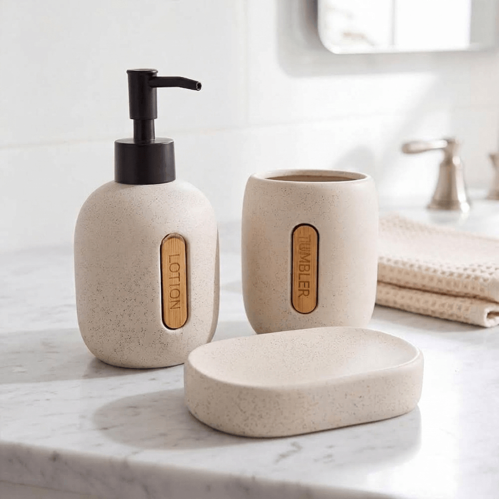 Modern Bathroom Sink Accessory Set (3 Pieces) in Porcelain with Wooden Details.