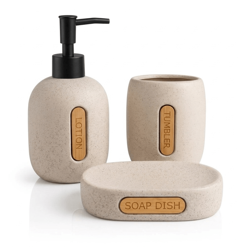 Modern Bathroom Sink Accessory Set (3 Pieces) in Porcelain with Wooden Details.