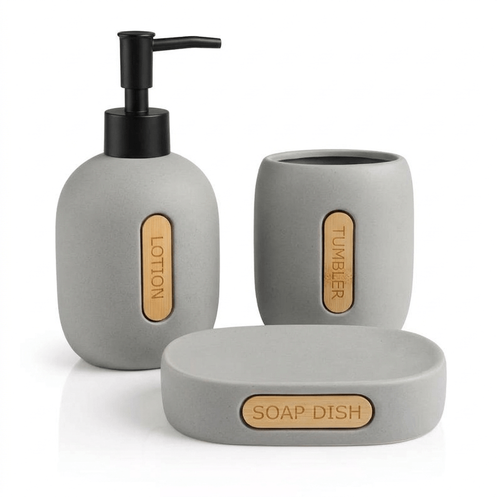 Modern Bathroom Sink Accessory Set (3 Pieces) in Porcelain with Wooden Details.