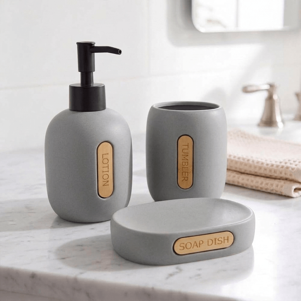 Modern Bathroom Sink Accessory Set (3 Pieces) in Porcelain with Wooden Details.