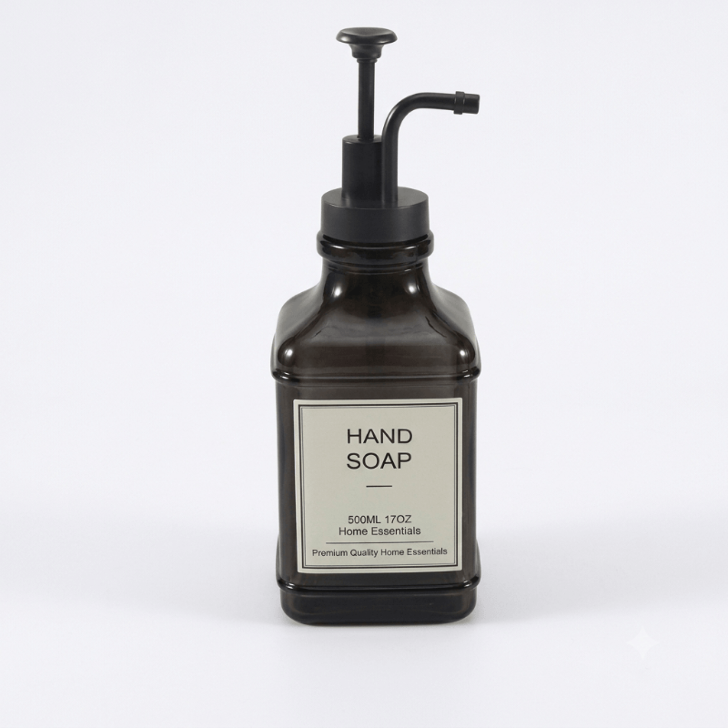 A luxurious square glass hand soap dispenser in a dark tint (500ml capacity).