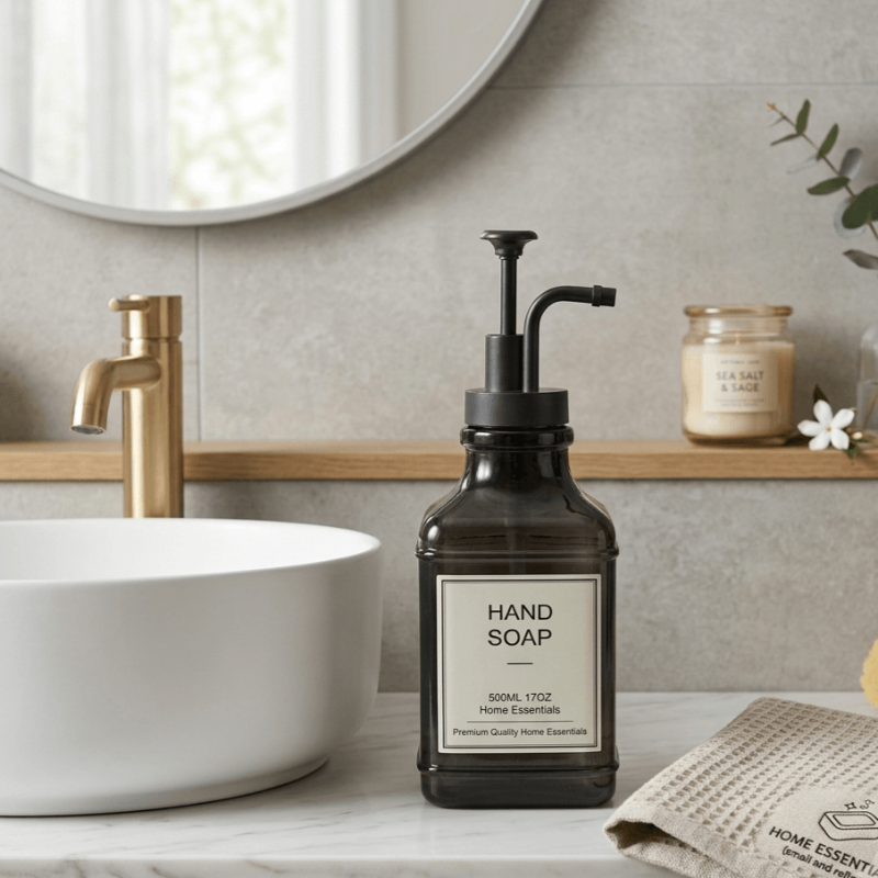 A luxurious square glass hand soap dispenser in a dark tint (500ml capacity).