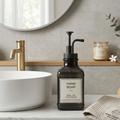 A luxurious square glass hand soap dispenser in a dark tint (500ml capacity).