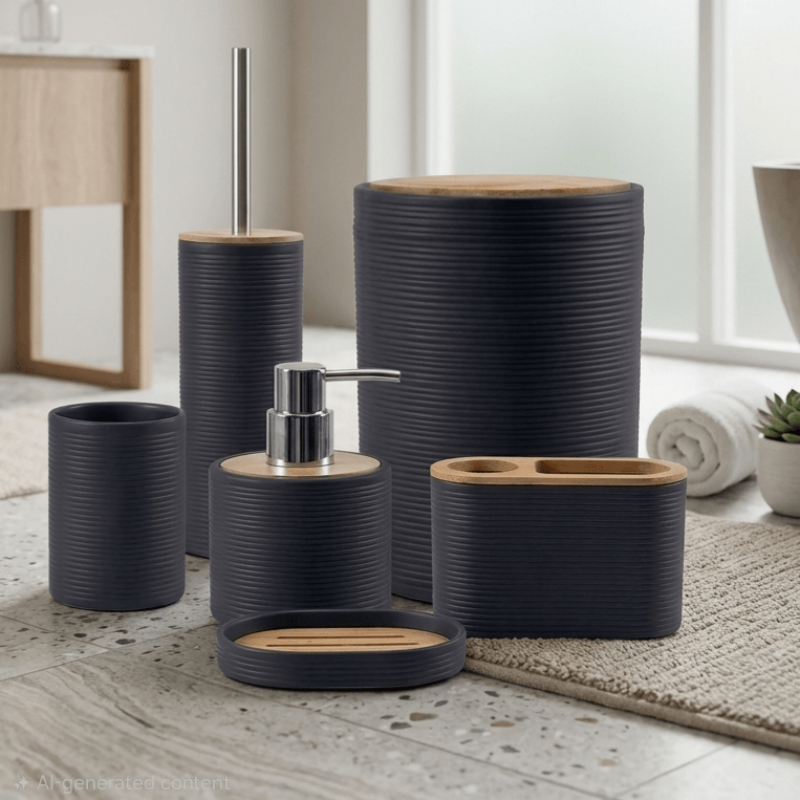 Modern 6-Piece Bathroom Set with a Contemporary Round Design (Elegant Wood Finish).
