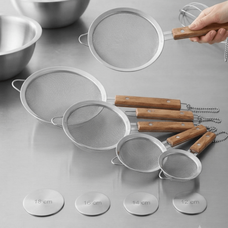 Metal kitchen strainer with fine holes and an elegant wooden handle