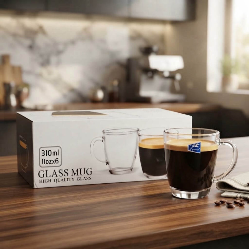 Clear Glass Coffee & Hot Beverage Set - 6 Pieces, 310ml Capacity