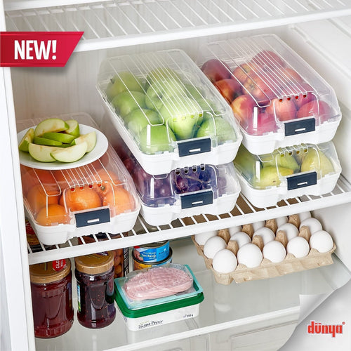 Square food storage containers with lids organizing fruits and vegetables inside a refrigerator