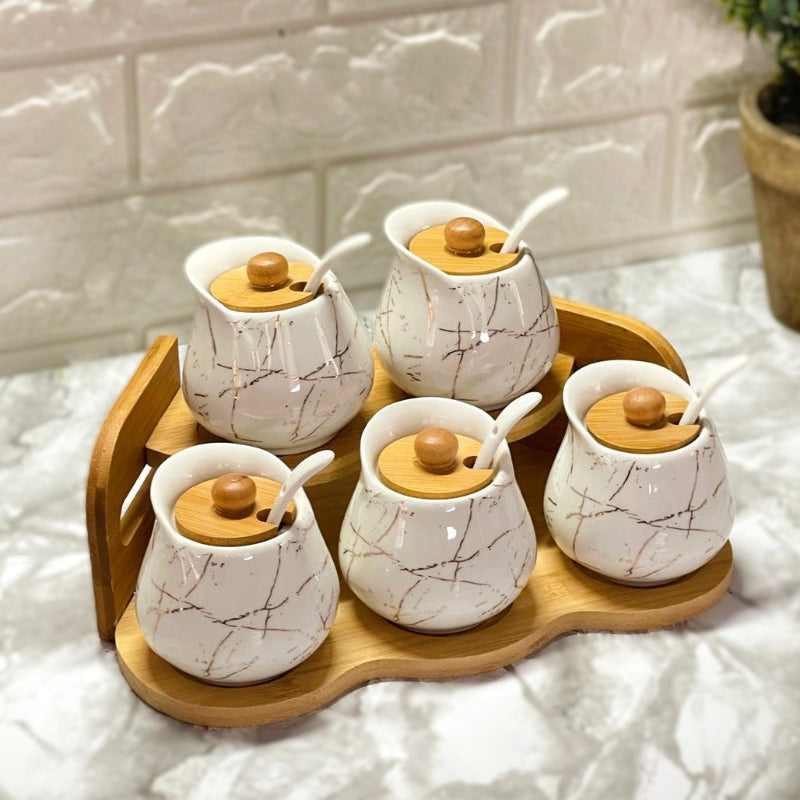 Luxury Porcelain Spice Set - Modern Marble Pattern with Natural Bamboo Stand and Lids.
