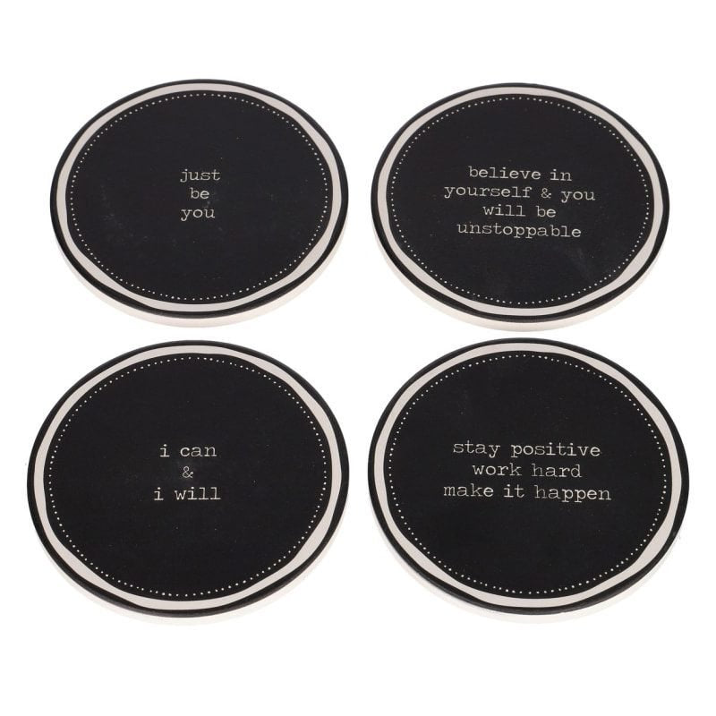 A porcelain coaster 4 pcs set with a plastic holder.