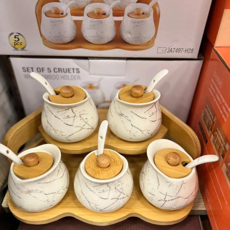 Luxury Porcelain Spice Set - Modern Marble Pattern with Natural Bamboo Stand and Lids.