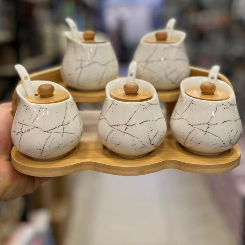 Luxury Porcelain Spice Set - Modern Marble Pattern with Natural Bamboo Stand and Lids.