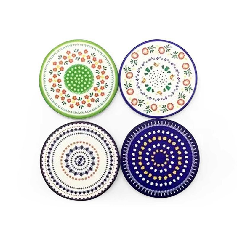 A porcelain coaster 4 pcs set with a plastic holder.