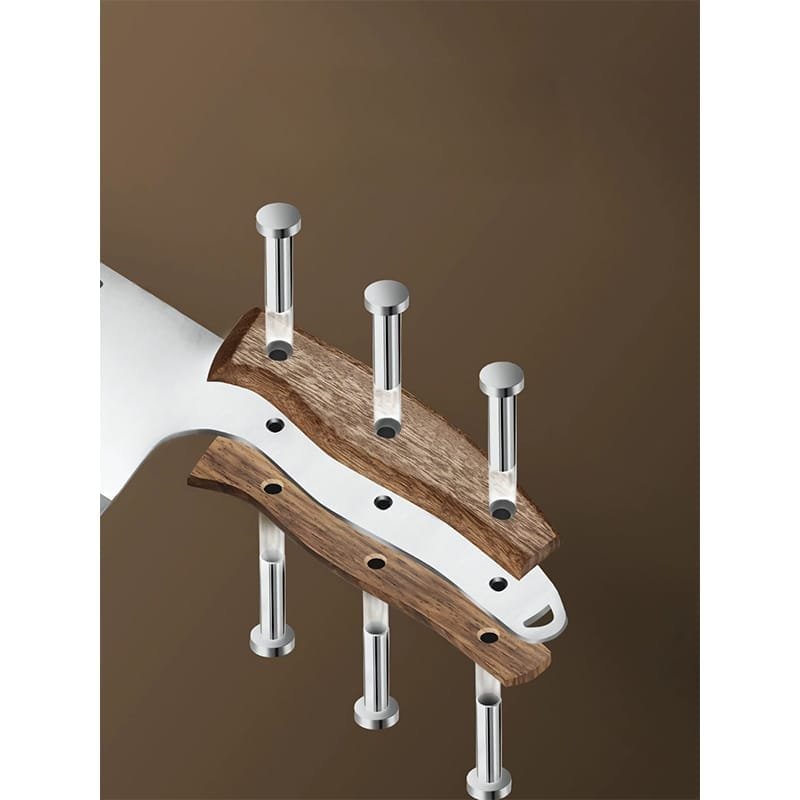 Metal chef knife with hardwood handle.