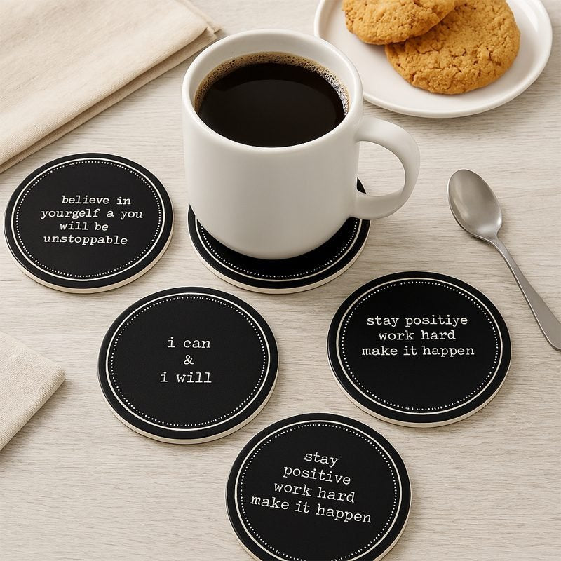 A porcelain coaster 4 pcs set with a plastic holder.