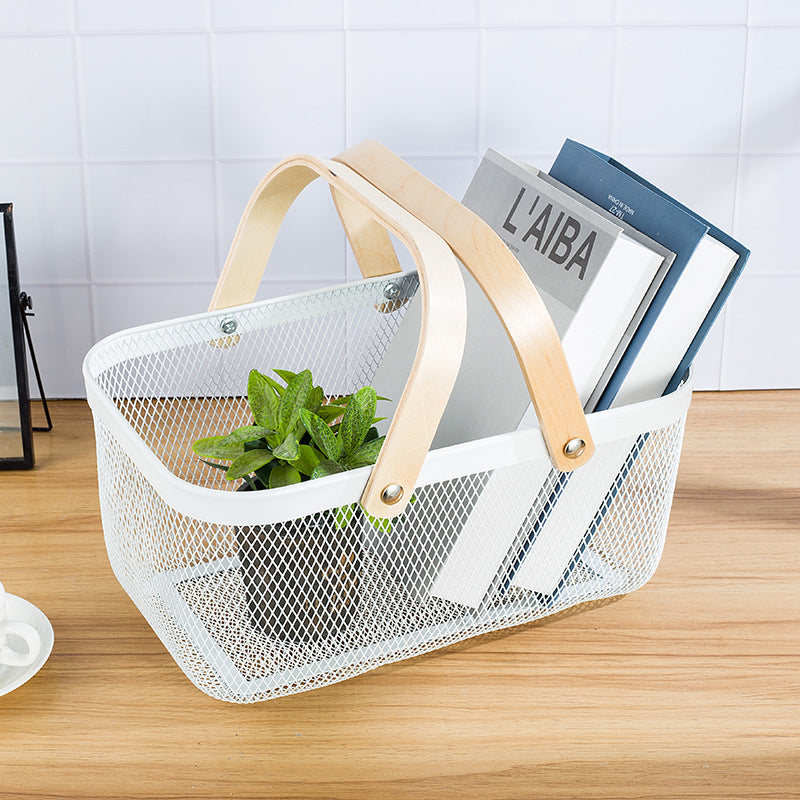 Modern Metal Storage Basket with White Frame and Wooden Handles – Perfectly Designed with Practical Dimensions (32 x 24 x 11 cm)