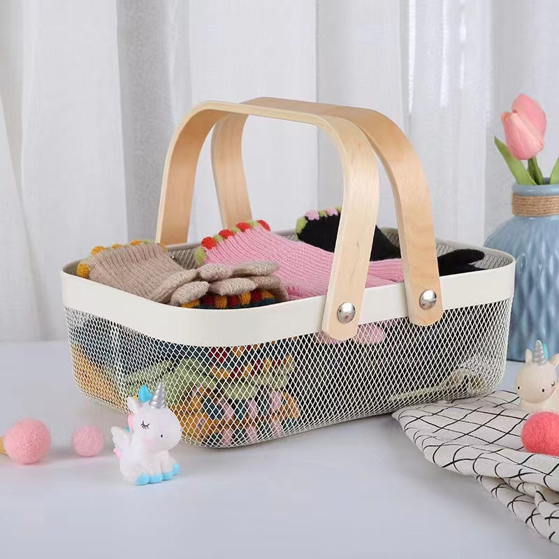 Modern Metal Storage Basket with White Frame and Wooden Handles – Perfectly Designed with Practical Dimensions (32 x 24 x 11 cm)