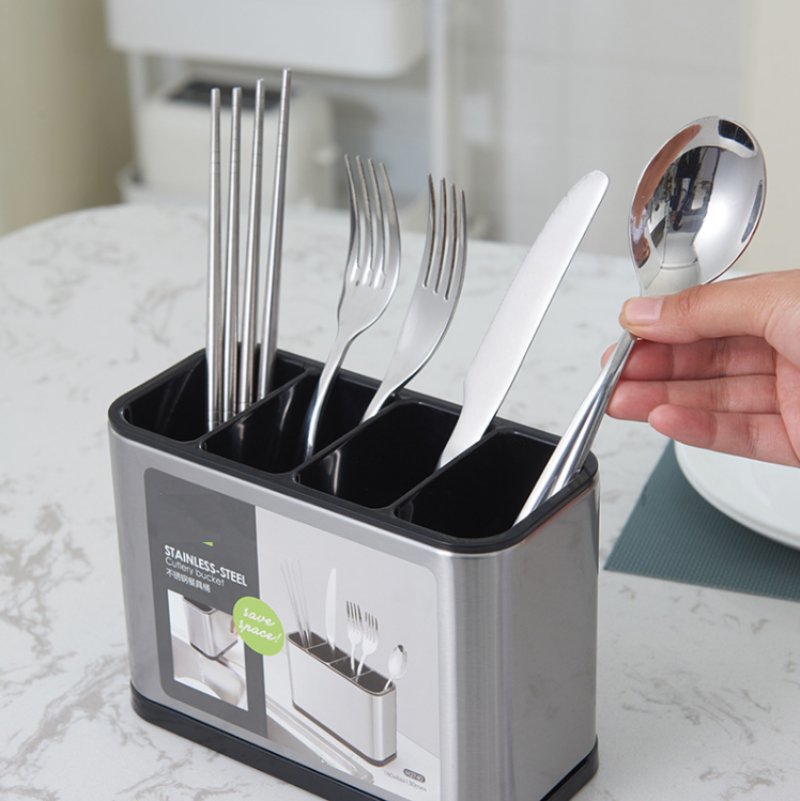 Smart Cutlery Organizer – Plastic x Stainless Steel Construction with 4 Interior Compartments and Bottom Drain.