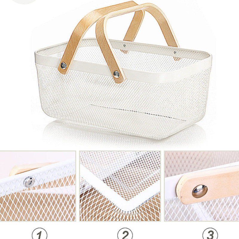 Modern Metal Storage Basket with White Frame and Wooden Handles – Perfectly Designed with Practical Dimensions (32 x 24 x 11 cm)
