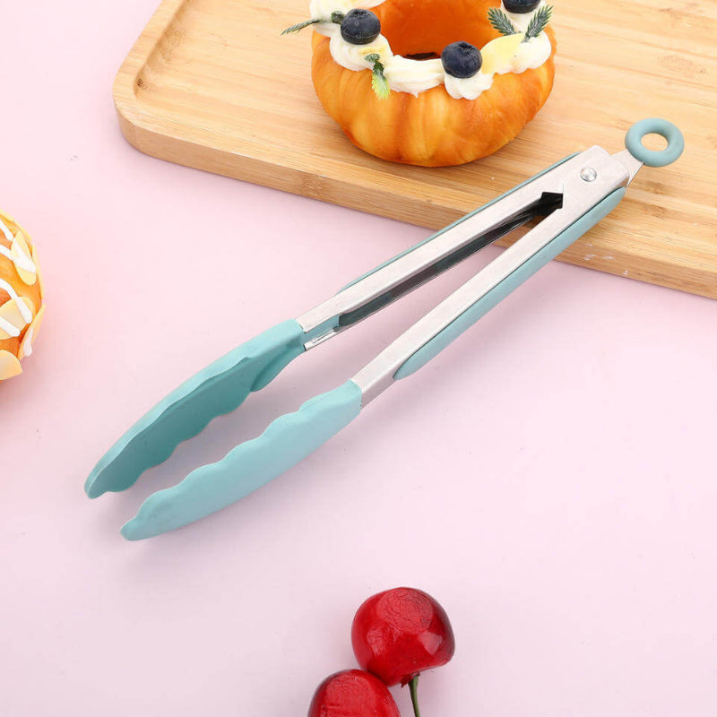 Silicone and metal food tongs, healthy and heat resistant (27 cm long).