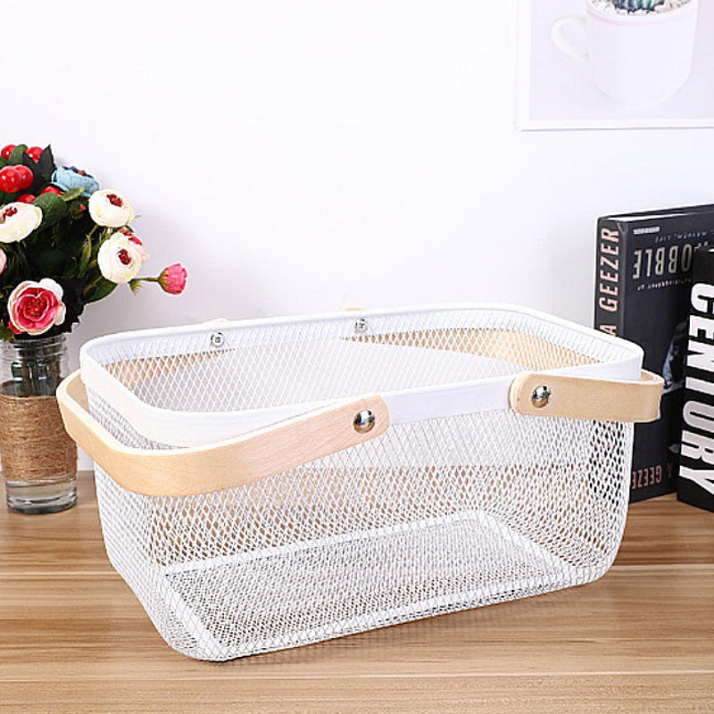 Modern Metal Storage Basket with White Frame and Wooden Handles – Perfectly Designed with Practical Dimensions (32 x 24 x 11 cm)