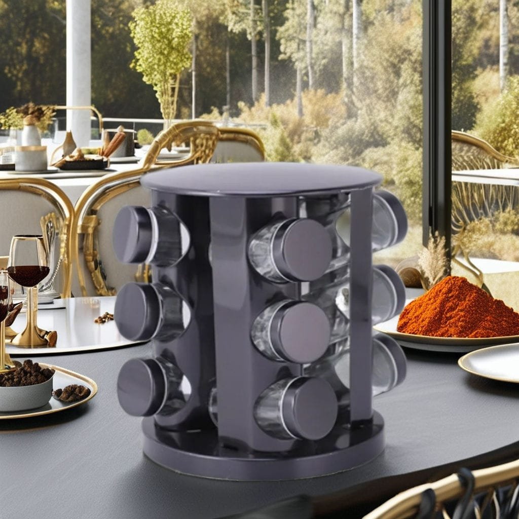 360° Black Rotating 12-Tier Spice Storage Rack Set.