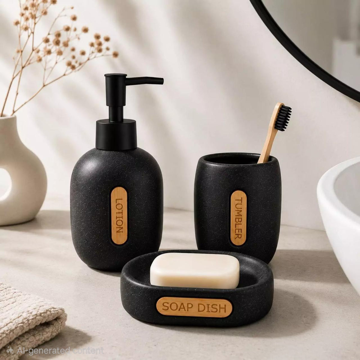 Modern Bathroom Sink Accessory Set (3 Pieces) in Porcelain with Wooden Details.