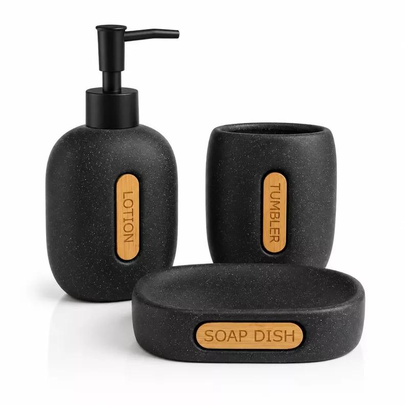 Modern Bathroom Sink Accessory Set (3 Pieces) in Porcelain with Wooden Details.