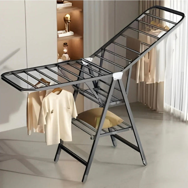 Black 3-tier foldable clothes drying rack with side wings for laundry drying