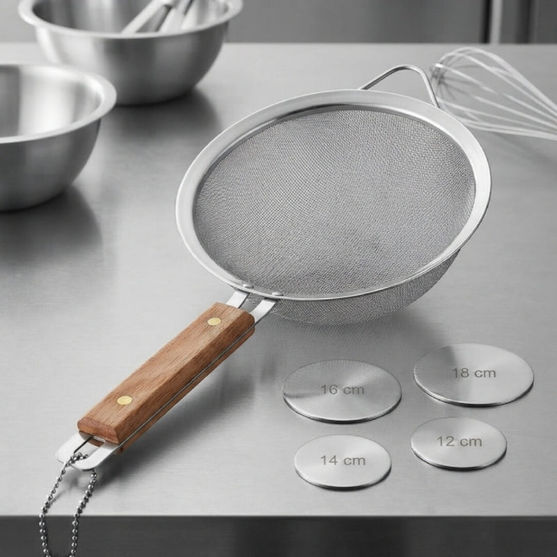 Metal kitchen strainer with fine holes and an elegant wooden handle