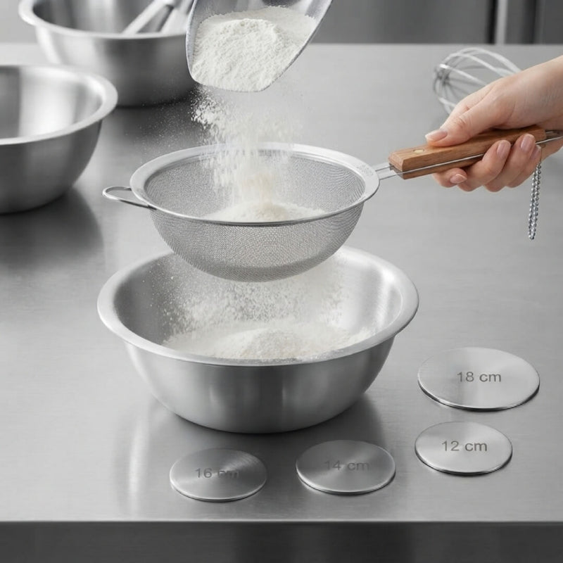 Metal kitchen strainer with fine holes and an elegant wooden handle