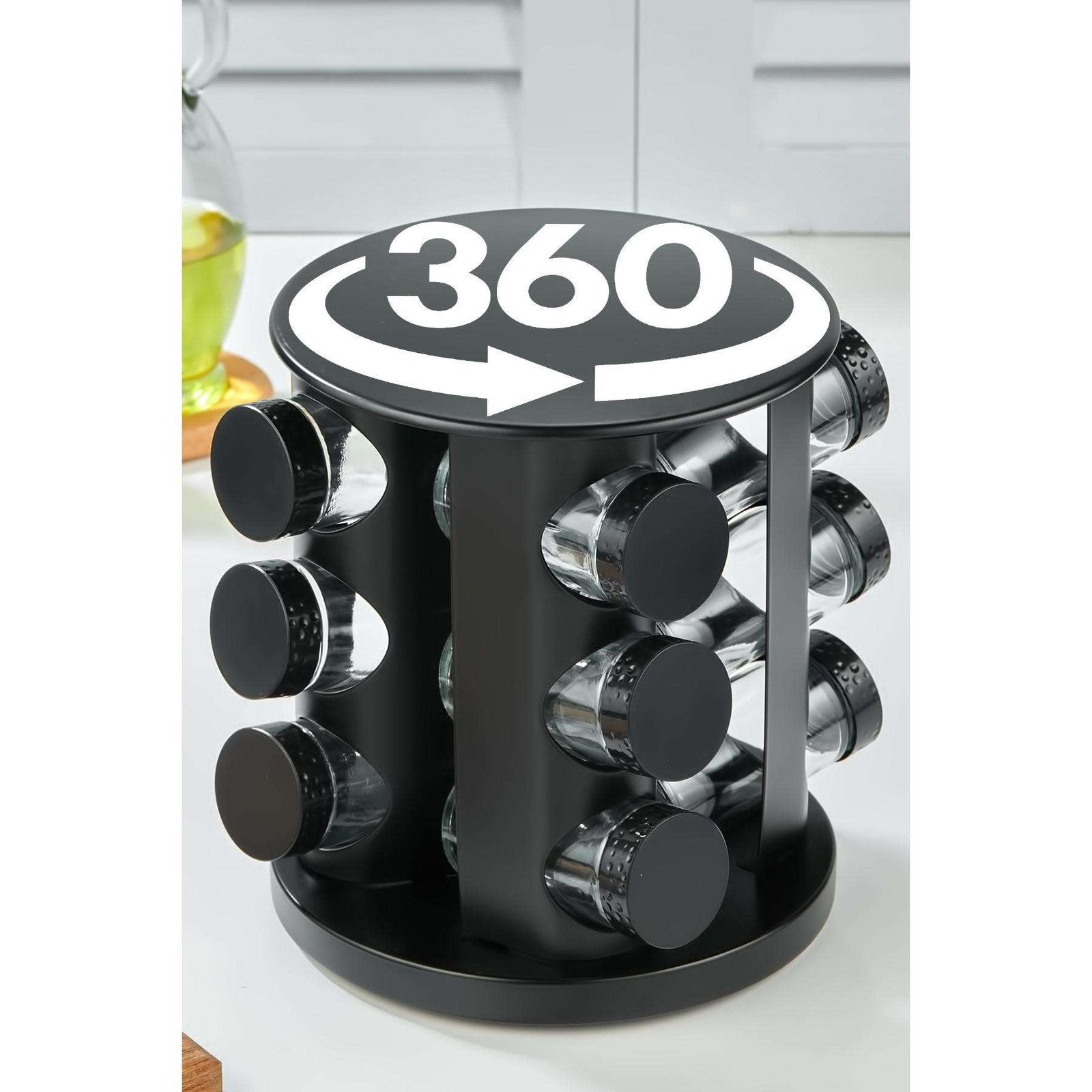 360° Black Rotating 12-Tier Spice Storage Rack Set.